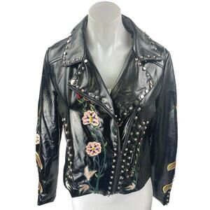 Elli White Black Faux Leather Floral Embroidered Studded Moto Biker Jacket Sz S